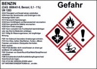 Gefahrstoffetikett Benzin - Gefahr, Rot/Schwarz, 14.8 x 21 cm, Folie, Weiß