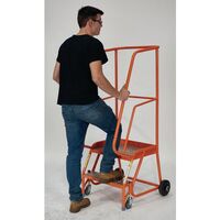 Retractable wheel warehouse step with high handrail