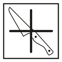 Verpackungsetikett: Keine Messer benutzen, schwarz, Folie, selbstklebend, 150 x 150 x 0,1 mm