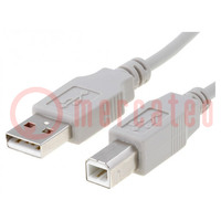 Cable; USB 2.0; USB A plug,USB B plug; 0.5m; grey; Core: Cu