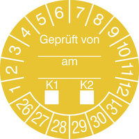 Prüfplaketten - Geprüft von...am...K1-K2, in Jahresfarbe, 15 Stk/Bogen, selbstkl.,3,0 cm Version: 26-31 - Prüfplakette - Geprüft gemäß VDE 26-31