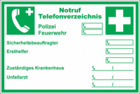 Notfall- und Notruf-Hinweisschild - Grün, 10 x 15 cm, Folie, Selbstklebend