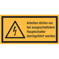 Warnzeichen Kombischild "Arbeiten dürfen nur bei ausgeschaltetem Hauptschalter durchgeführt werden" [W012], Folie (0,1 mm), 148 x 74 mm, selbstklebend