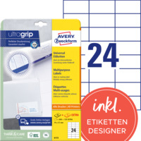 Universal-Etiketten, A4 mit ultragrip, Adressaufkleber, 70 x 37 mm, 30 Bogen/720 Etiketten, weiß