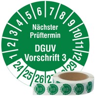 Prüfplaketten 30 mm, Nächster Prüftermin DGUV Vorschrift 3, 2024-2029, Polyethylen Etiketten weiß-grün, 1.000 Prüfetiketten auf Rolle
