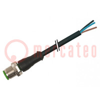 Csatlakozó kábel; M12; PIN: 4; egyenes; 3m; dugó; 250VAC; 4A; PVC