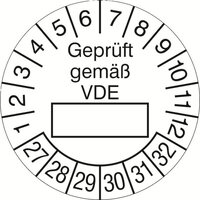 Prüfplaketten - Geprüft gemäß VDE, 15 Stück/Bogen, selbstklebend, 3,0 cm Version: 27-32 - Prüfplakette - Geprüft gemäß VDE 27-32