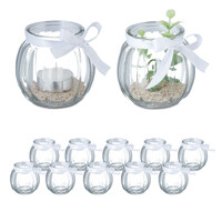 Relaxdays Windlicht, 12er Set, aus Glas, Teelichtgläser mit Schleife, innen & außen, Teelichthalter Deko, transparent