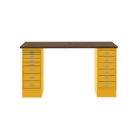 Bisley MultiDesk, 1 MultiDrawer mit 6 Schüben, 1 MultiDrawer mit 8 Schüben, Dekor Nussbaum, Farbe Sunflower, Maße: H 740 x B 1400 x T 600 mm