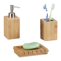 Relaxdays Badaccessoires Bambus, 3-teiliges Badezimmer Set aus Seifenspender, Seifenschale u. Zahnbürstenhalter, natur