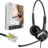 GEQUDIO Headset 2-Ohr für Mitel, Aastra, Poly, Gigaset-RJ Telefon inklusive RJ Kabel, Lautstärkeregelung, Ersatz Polster