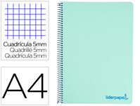 Cuaderno espiral liderpapel a4 micro wonder tapa plastico 120h 90 gr cuadro 5 mm 5 bandas 4 taladros color verde