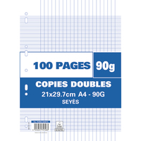 Sachet de 100 pages copies doubles grand format A4 grands carreaux Seyès 90g perforées