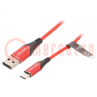 Cable; USB 2.0; USB A plug,USB C plug; nickel plated; 2m; red