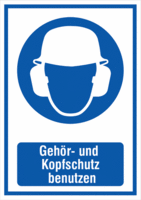 Kombischild - Gehör- und Kopfschutz benutzen, Blau, 29.7 x 21 cm, Folie, Weiß