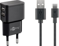 USB-C™-Dual-Ladeset (12 W), Schwarz, 1 m - Netzteil mit 2x USB-Anschlüssen, USB-C™-Kabel, 1 m, schwa