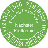 Prüfplakette, Nächster Prüftermin, grün / weiß, 500 Stück / Rolle, 3,0 cm Version: 26-31 - Prüfplakette 2026-2031