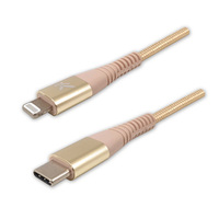 Logo USB kabel (2.0), USB C (M) - Apple Lightning M, 2m, MFi certifikat, 5V/3A, złoty, box, oplot nylonowy, aluminiowa osłona złąc