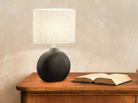 LED Tischlampe mit Keramikfuß Schwarz & Lampenschirm Leinen Beige, Höhe 39cm