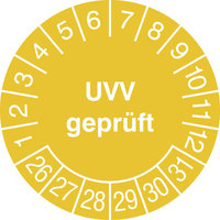 Prüfplaketten - UVV geprüft, in Jahresfarbe, 15 Stück/Bogen, selbstklebend, 3,0 cm Version: 26-31 - Prüfplakette - UVV geprüft 26-31