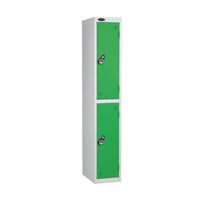 Probe keyless coloured lockers with combination lock, white body, 2 green doors, 305mm depth