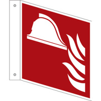 Brandschutzzeichen Fahnenschild "Mittel und Geräte zur Brandbekämpfung" [F004], Kunststoff, langnachleuchtend, 55 / 8 mcd, 150 x 150 x 1 mm, LimarLite®, ASR A1.3 / ISO 7010, doppelseitig bedruckt