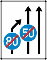 Anwendungsbeispiel: VZ Nr. 535-21 Einengungstafel ohne Gegenverkehr, Einzug links, Ende der Mindestgeschwindigkeit