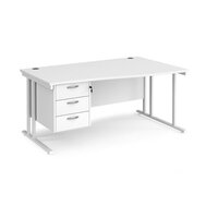 Maestro 25 right hand wave desk 1600mm wide with 3 drawer pedestal - white cantilever frame, white top