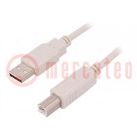 Kábel; USB 2.0; USB A dugó,USB B dugó; 3m; fehér