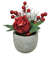Artificial Silk Christmas Rose with Berries Display - 18cm, Red