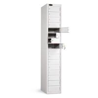 Probe personal effects locker with 16 white doors