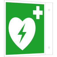 Erste Hilfe Schild, Fahne, langnachleuchtend, Kunststoff, Defibrillator, 20 x 20 DIN EN ISO 7010 E003 ASR A1.3 E003