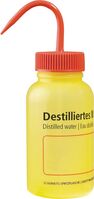 Weithalsflaschen - Destilliertes Wasser, Gelb, LDPE, Transluzent, Rot/Schwarz