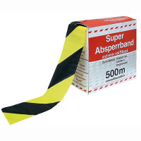 Absperrband Spenderbox schwarz/gelb schraffiert, PE-Folie, 500mx8 cm
