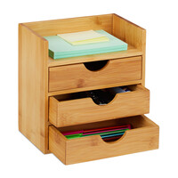 Relaxdays Schreibtisch Organizer, Ablage, 3 Schubladen, für Büroutensilien, Bambus Schubladenbox, HBT: 21x20x13 cm natur