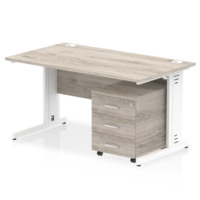 Impulse 1400 x 800mm Straight Office Desk Grey Oak Top White Cable Managed Leg Workstation 3 Drawer Mobile Pedestal