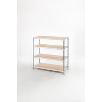 Wide span boltless shelf unit with moulded chipboard shelves