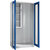 Armario para aparatos y productos de limpieza, anchura 1000 mm, puertas con ventanilla / 1 caja-estantería, gris luminoso / azul genciana.