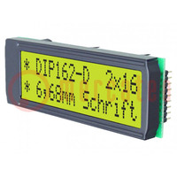 Kijelző: LCD; alfanumerikus; STN Positive; 16x2; 68x26,8mm; LED