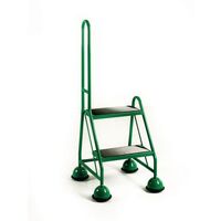 Mobile platform steps with cup feet - 2 tread with single handrail in green