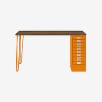 Bisley MultiDesk, 2 Stahlfüße, 1 MultiDrawer mit 10 Schüben, Dekor Nussbaum, Farbe Orange, Maße: H 740 x B 1400 x T 600 mm