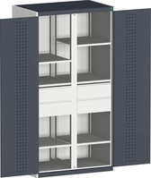 cubio Flügeltürschrank bestückt, Trennwand, 4 Schubladen, 6 Fachböden