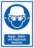 Kombischild - Ohrstöpsel, Augen- und Kopfschutz benutzen, Blau, 29.7 x 21 cm