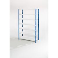 Wide span boltless shelf unit with sheet steel shelves