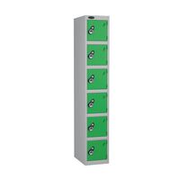 Probe keyless coloured lockers with combination lock, silver body, 6 green doors, 305mm depth