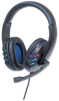 Manhattan USB-A Gaming Headset with LEDs (Clearance Pricing). Retractable Built-in Microphone, Audio Control, Integrated 1.8m cable, Black and Blue, Three Year Warranty