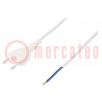 Cable; 2x0.5mm2; CEE 7/16 (C) plug,wires; PVC; 1.5m; white; 2.5A
