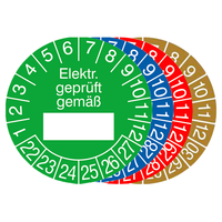 Modellbeispiel: Prüfplaketten mit Jahresfarbe (6 Jahre), Elektr. geprüft gemäß...