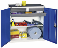 Werkzeug- und Materialschrank Serie 3000, 7035/5010, 2 Schubladen 100 mm, 1 Schublade 100 mm durchgehend, 1 Wannenboden