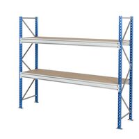 Heavy duty wide span shelving with moulded chipboard shelf panels